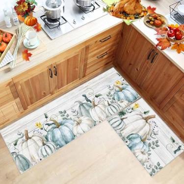 Imagem de Tapetes de cozinha de abóboras de outono branco azul 2 peças de folhas de eucalipto de ação de graças absorventes de grãos de madeira antiderrapantes tapetes de cozinha e tapetes de cozinha sazonais