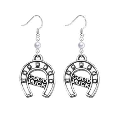 Imagem de Dreuyet Wrangler Brincos de pérola ocidental rústica Couture brincos em forma de ferradura em forma de U brincos pendentes country concho brincos chapéu bota brincos declaração joias para mulheres,