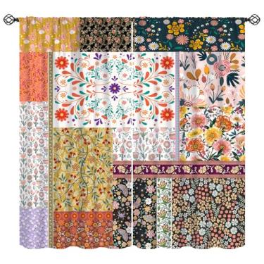 Imagem de Cortinas Boho patchwork, flores silvestres coloridas hippie casa de campo tratamentos de janela retrô, cortinas com isolamento térmico para varão, conjuntos de 2 painéis para quarto, sala de estar