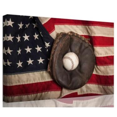 Imagem de Luva de beisebol vintage arte de parede para sala de estar quarto escritório decorações vintage beisebol e bandeira americana impressão em tela arte moderna emoldurada pronta para pendurar (61 cm A x