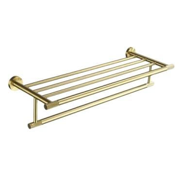 Imagem de Conjunto de acessórios para banheiro de parede em aço inoxidável dourado escovado - Suporte para toalha, suporte para papel higiênico, gancho para roupão, saboneteira (toalheiro)