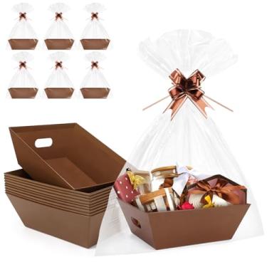 Imagem de AFOROEOA Pacote com 10 cestas marrons para presentes vazias, cesta de presente Kraft de 25 x 30 cm de espessura com 10 laços, 10 sacos, cestas de presente vazias para o Natal