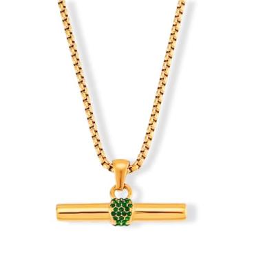 Imagem de Uniquely Quaint Colar de barra de ouro 18K e pedras verdes, aço inoxidável
