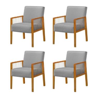 Imagem de Kit 4 Poltronas Decorativa Base Em Madeira Maciça E Corda Náutica Copacabana Linho Cinza - Cinza