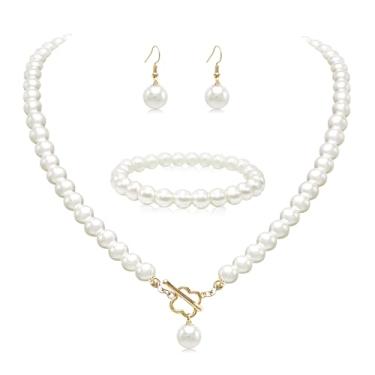 Imagem de Cryshimmer Colar gargantilha de pérolas para mulheres com pérolas falsas, conjunto de brincos, bijuterias, Vidro Latão, Sem Pedra Preciosa