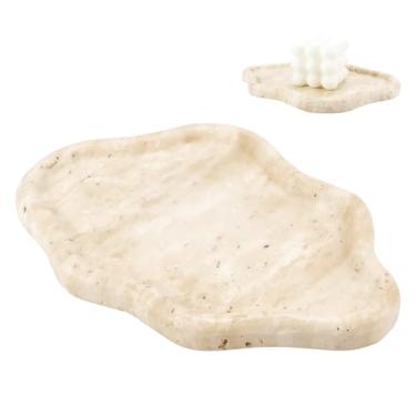 Imagem de ZJIVQO Bandeja de mármore de viola Calacatta natural, organizador de suporte de mármore, prato de joias para decoração de casa (travertino)