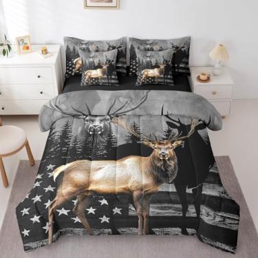 Imagem de Jogo de cama King com 7 peças de alce, animais selvagens, animais selvagens, caça, para adultos, bandeira americana retrô, rústico, preto, cinza, madeira, conjunto de edredom com lençóis, fronhas