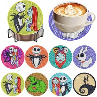 Imagem de WEUOPG 8 peças de porta-copos de pintura de diamante de Halloween com suporte, porta-copos de arte de diamante de filme de terror com almofada de madeira de cortiça, dupla face para iniciantes e