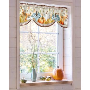 Imagem de Cortina de Dia de Ação de Graças para Cozinha, Folhas de Outono de Abóbora no Bolso Retrô Cortinas Curtas Ajustáveis de Amarrar, Cortinas de Sombra, Colheita de Outono, Tratamento de Janela para