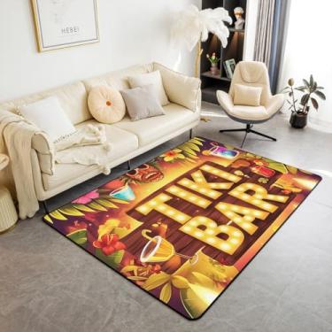 Imagem de Erosebridal Tiki Bar Tapetes para sala de estar, 12 x 18 cm, Happy Hawaii Party Carpete com plantas tropicais, folhas de palmeira, flores, exótica, tribo, interior, tapete para crianças, adolescentes