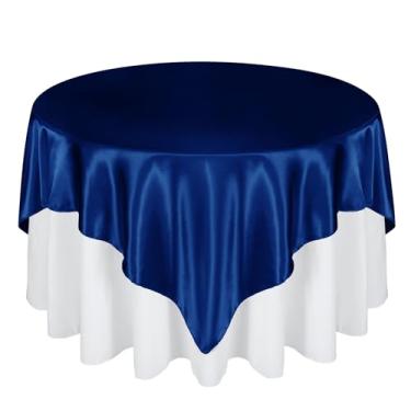 Imagem de Cobedzy Sobreposição de toalha de mesa quadrada de cetim de 182 cm, 6 peças, capa de toalha de mesa quadrada azul royal, sem rugas, tecido resistente a manchas para festa, casamento, decoração de mesa