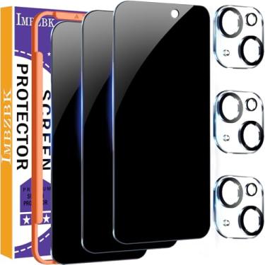 Imagem de IMBZBK Pacote com 3 protetores de tela de privacidade para iPhone 15 Plus de vidro temperado com 3 protetores de lente de câmera, acessórios antiespião 9H para Apple 15 Plus, curva 2,5D, compatível