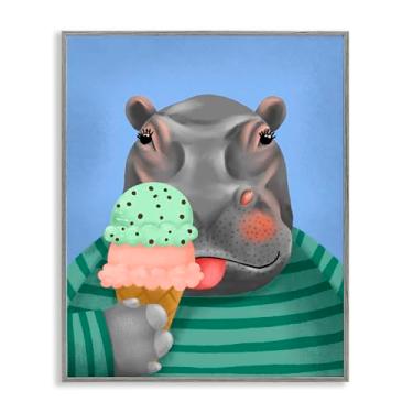 Imagem de Stupell Industries Design de arte giclée emoldurado cinza hipopótamo e cone de sorvete por Jilly Jack Designs, 14 x 11