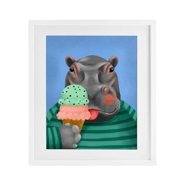 Imagem de Stupell Industries Impressão emoldurada branca hipopótamo e cone de sorvete design sob vidro por Jilly Jack Designs, 21 x 17