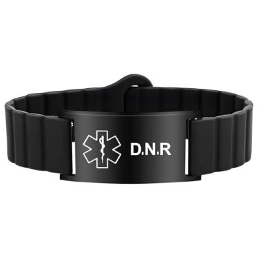Imagem de Pulseira de alerta médico para mulheres e homens, pulseira de identificação de alerta médico ajustável à prova d'água para marcapasso de epilepsia D.N.R diabético, Adjustable Size, Silicone e aço