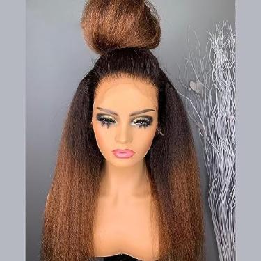 Imagem de Peruca frontal de renda transparente 360 HD 1B30 Ombre Colorida Kinky Liso Cabelo Humano para Mulheres Negras Cabelo Remy Brasileiro Pré Arrancado com Cabelo de Bebê Yaki Staight Peruca Nós