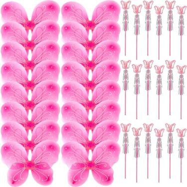 Imagem de 36 Pack Princess Wings Set Includes 18 Pack Girls Fairy Wings Bulk Butterfly Wings Butterfly Angel Costume Wing and 18 Pcs Fairy Wands for Kids Halloween Cosplay Party Dress up, Pink