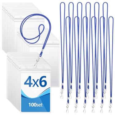 Imagem de Chuangdi 100 peças grandes porta-crachá de identificação transparente de 10 x 15 cm com cordão à prova d'água porta-cartões de identificação verticais etiquetas de plástico transparente bolsa de PVC