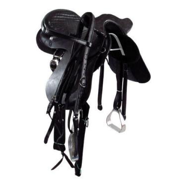 Imagem de Cela Australiana Preta Com Aba Couro De Cabeça Inox Montaria - Couros 