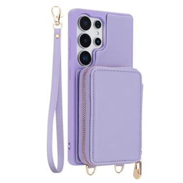 Imagem de HAOMRIYL Capa bolsa para Samsung Galaxy S25 Ultra/S25 Plus/S25, bolsa com zíper para cartão, capa de couro com suporte à prova de choque, alça de ombro, roxa, S25plus