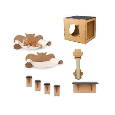 Imagem de BOXFAN Parquinho para Gato com 9 Peças Circuito Suspenso de Parede em MDF Reforçado com Nicho, Arranhador, Toca, Degraus, Escadinha, Rede e Prateleira para Gatos Adultos e Filhotes