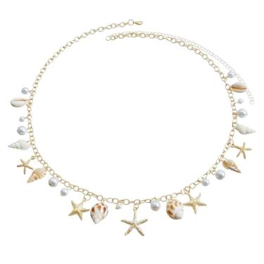 Imagem de DL-DUOLAI Corrente de cintura de estrela do mar, boho, concha, barriga, acessório para joias corporais de férias de verão na praia