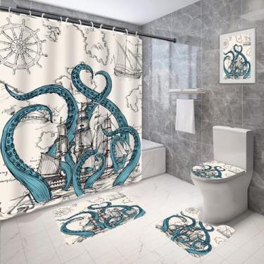 Imagem de Coxila Conjunto de cortina de chuveiro vintage polvo bege náutico engraçado oceano legal Kraken pirata navio mapa-múndi capa de tampa de banheiro em forma de U 4 peças decoração banheiro tapete