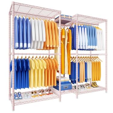Imagem de Ulif E12 Suporte de roupas independente resistente com prateleiras, sistema de armazenamento de armário de roupas de metal para pendurar roupas, 180 cm L x 40 cm P x 194 cm A, comporta 435 kg, rosa