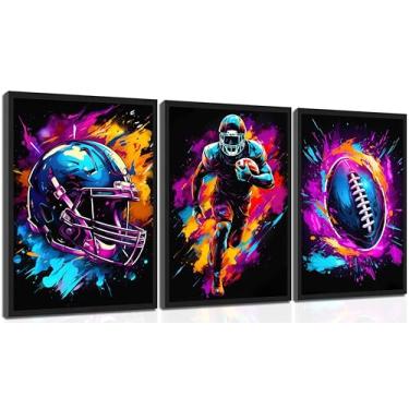 Imagem de RSYJHIK 3 peças arte de parede grafite futebol americano legal jogador de futebol americano pintura em tela grafite rúgbi decoração de parede pôsteres esportivos coloridos pinturas inspiradoras
