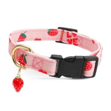 Imagem de Linda coleira de algodão para cães pequenos, médios e grandes, design especial com pingente de morangos rosa fofos para meninas, meninos, machos, fêmeas, cães, coleira para animais de estimação