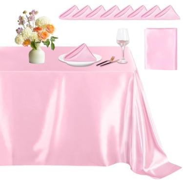 Imagem de PURREITTI Conjunto de toalha de mesa retangular de cetim rosa com guardanapos para eventos de festa de banquete de casamento, 1 peça de toalha de mesa macia sedosa de 159 x 250 cm, 8 guardanapos