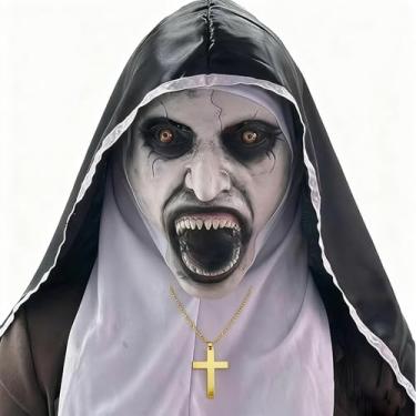 Imagem de Wonsunss Máscara de Halloween de freira assustadora de látex, festa de Halloween, fantasia assustadora de cabeça inteira, fantasia de horror a freira de Halloween, cosplay de cabeça inteira, máscara
