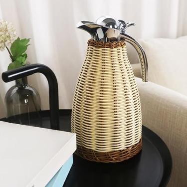 Imagem de SXYMTSW Jarra de café com isolamento térmico de 2 litros, jarro de vime retrô, vácuo de parede dupla, com tampa de silicone, para manter líquidos quentes, casa, restaurante, apartamento (cor: bege)