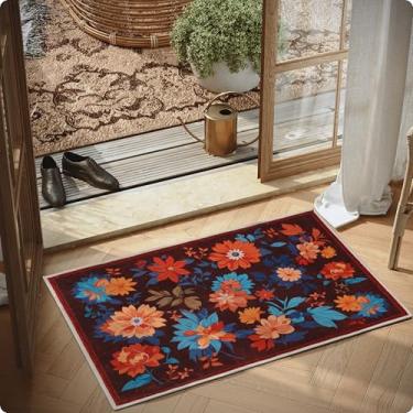 Imagem de Clemile Tapete floral de 6 cm x 90 cm - Tapete antiderrapante lavável à máquina para sala de estar - Tapete macio para decoração de casa marrom colorido