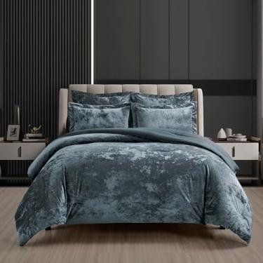 Imagem de Fredsure Conjunto de edredom de veludo liso envelhecido (azul escuro, King)