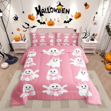 Imagem de Erosebridal Conjunto de cama solteiro com laço de fantasma rosa, lindo conjunto de edredom com laço de Halloween para meninas e crianças, colcha de nó de laço rosa e branco, decoração de quarto de