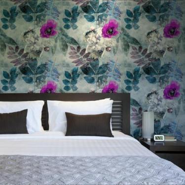 Imagem de ESSMOKO Papel de parede retrô azul e roxo floral PVC autoadesivo papel de parede loja sala de estar quarto decoração de casa adesivos azul e roxo 45 * 600 cm