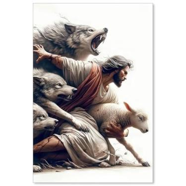 Imagem de ZERFVTG Pôster de Jesus Cristão Jesus Protegendo o Cordeiro de Lobos Arte de Parede Fé Religiosa Impressões em Tela para Sala de Oração Decoração de Parede de Igreja 40,6 x 61 cm Sem Moldura