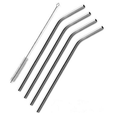 Imagem de Kit 4 Canudos Reutilizáveis Curvo ou Reto Aço Inox  E Escova Limpeza -