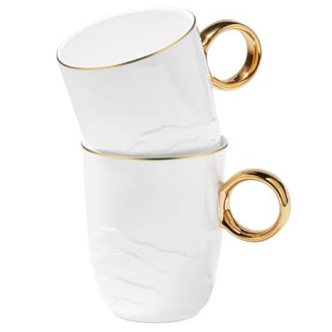 Imagem de Conjunto de 2 canecas de café de alta qualidade Bone China de 340 g, xícaras de chá brancas leves de osso fino com borda dourada, mais de 45% de conteúdo ósseo, canecas finas de cerâmica de porcelana