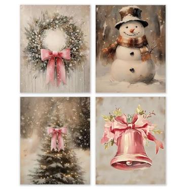 Imagem de BESERH Decoração de parede de árvore de Natal com laço rosa, impressões de arte de parede de boneco de neve de inverno, guirlanda de Natal rústica com sino de árvore pôsteres de boneco de neve para