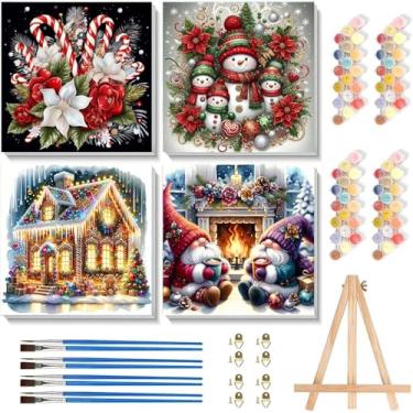 Imagem de Pacote com 4 kit de pintura por números para adultos, tela emoldurada, com cavalete de madeira, pintura por números para crianças de 8 a 12 anos, artesanato de pintura a óleo de paisagem acrílica faça