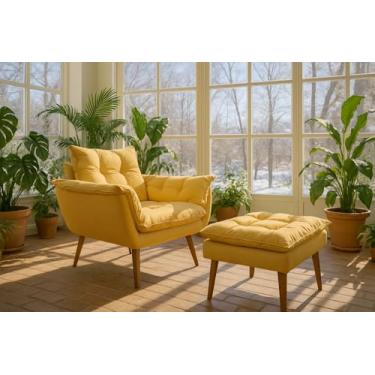 Imagem de Poltrona Decorativa com Puff, Estilo Moderno, Conjunto de Cadeira e Apoio para Pés, para Sala de Estar, Recepção, Quarto, Penteadeira e Closet (Amarelo)