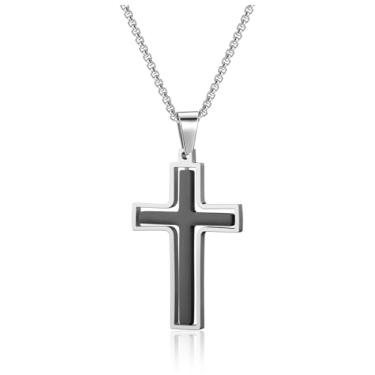 Imagem de Zysta Colar de cruz giratória para homens, prata, preto, ouro, aço inoxidável, pingente de cruz simples, crucifixo inspirador, colar de fé para homens, corrente de caixa de 61 cm, Metal, Sem Pedra