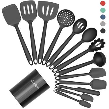 Imagem de Coukre Conjunto de utensílios de cozinha de silicone com suporte – resistente ao calor, utensílios de cozinha de grau alimentício, espátula, colher e utensílios para panelas antiaderentes, pode ser