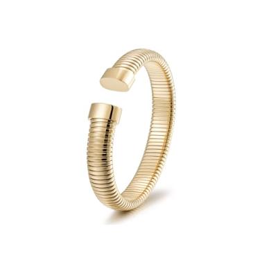 Imagem de CIUNOFOR Pulseiras femininas banhadas a ouro 14K, 16,5 cm de circunferência interna, pulseira elástica espinha de peixe, pulseira flexível e grossa em camadas para presentes