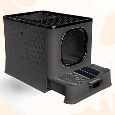 Imagem de Caixa de Areia Fechada Luxo para Gatos - Banheiro Pet com Porta Transparente, Gaveta e 2 Comedouros(SB LUXO + PENEIRA - BLACK)