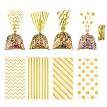 Imagem de 100 sacos de presente retangulares de 28 x 12,7 cm com 100 fitas douradas, sacos de presente retangulares, 4 padrões, material OPP para pequenos lembrancinhas, biscoitos, doces, pipoca, dourado