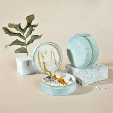 Imagem de Estojo de joias pequeno redondo Mini Lisvelte Caixa de armazenamento organizadora de joias para meninas, mulheres, brincos, colar, anéis, pulseiras - Ciano claro