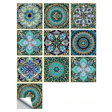 Imagem de 10 peças de adesivos de azulejo de backsplash, decalques estilo mandala à prova d'água de 15 cm x 15 cm para paredes de cozinha e banheiro, azulejos autoadesivos removíveis para decoração de casa